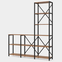 Ladder Corner Bookcase, 9 Shelf, Industrial Black Metal, Brown Wood -BM336927