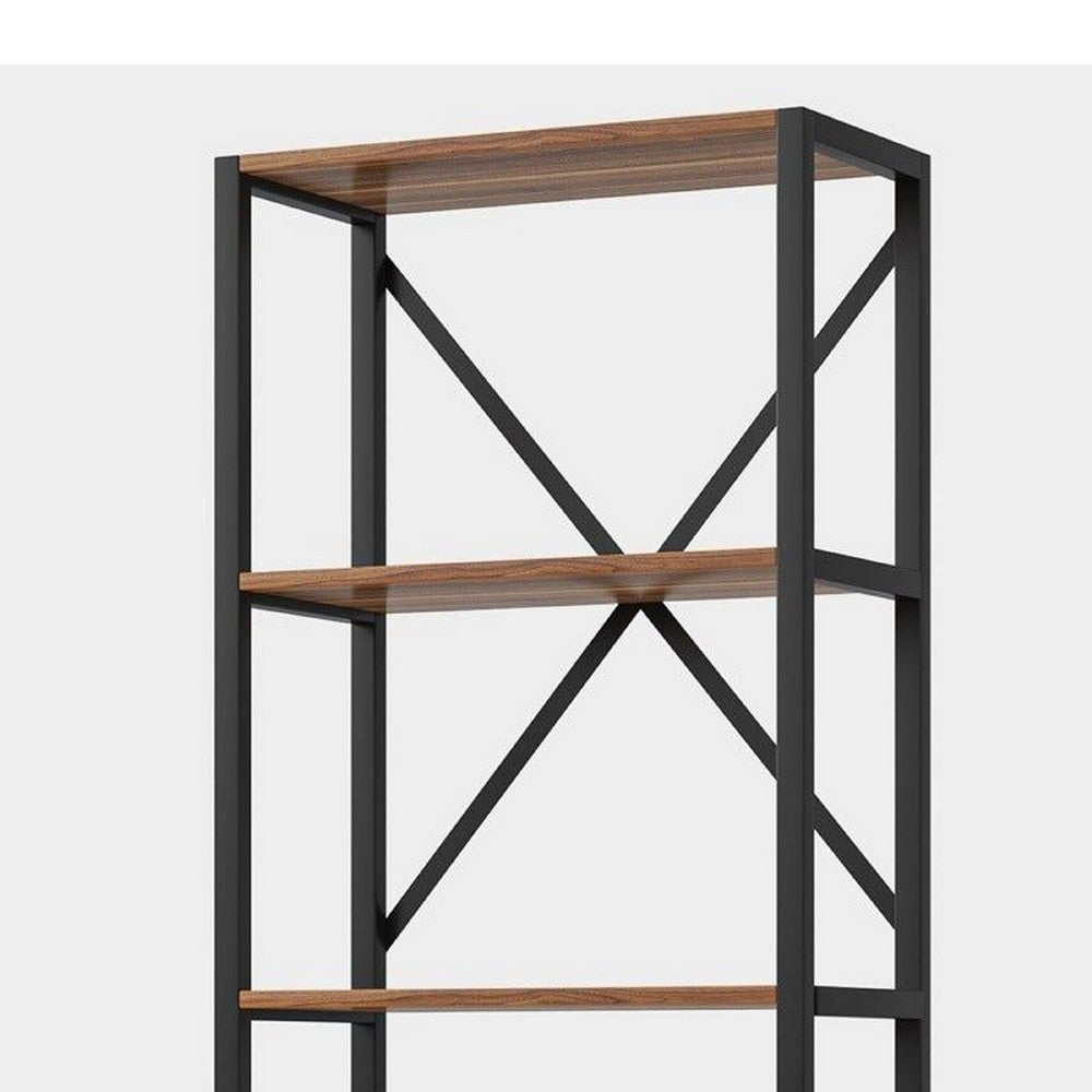 Ladder Corner Bookcase, 9 Shelf, Industrial Black Metal, Brown Wood -BM336927