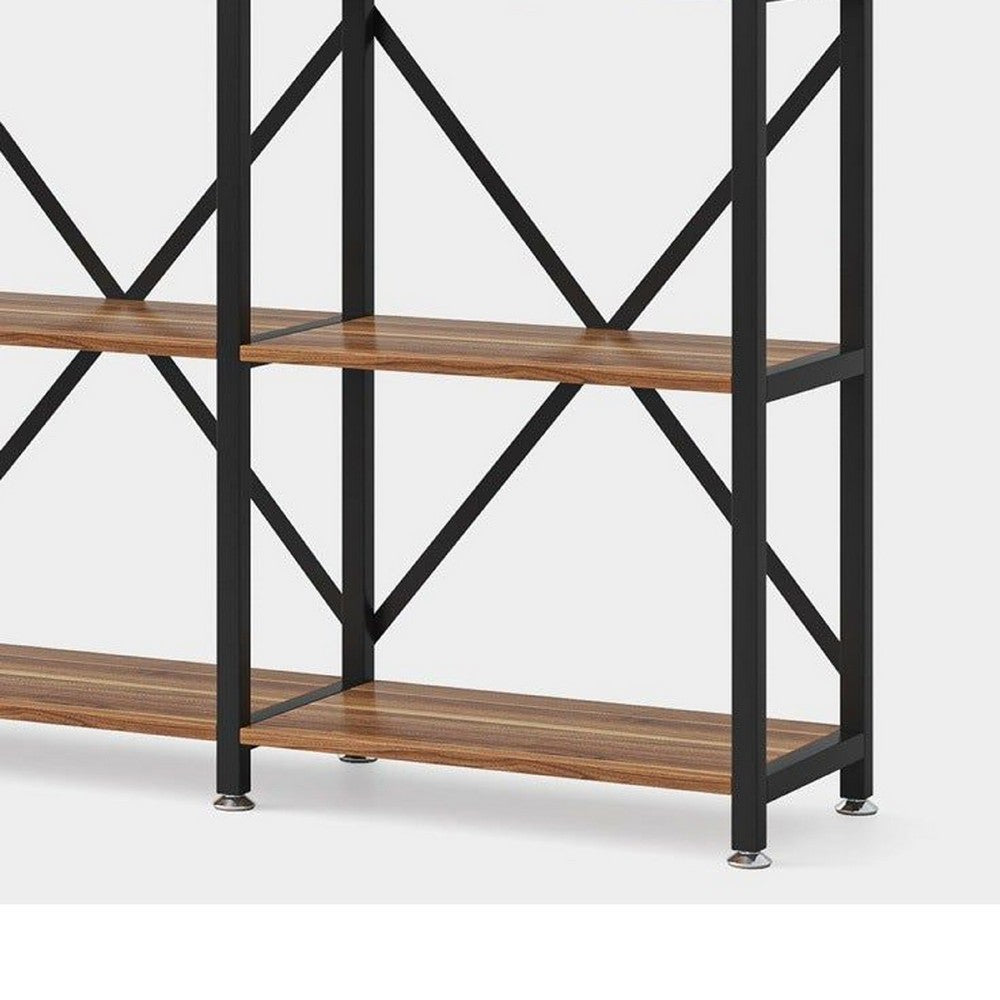 Ladder Corner Bookcase, 9 Shelf, Industrial Black Metal, Brown Wood -BM336927