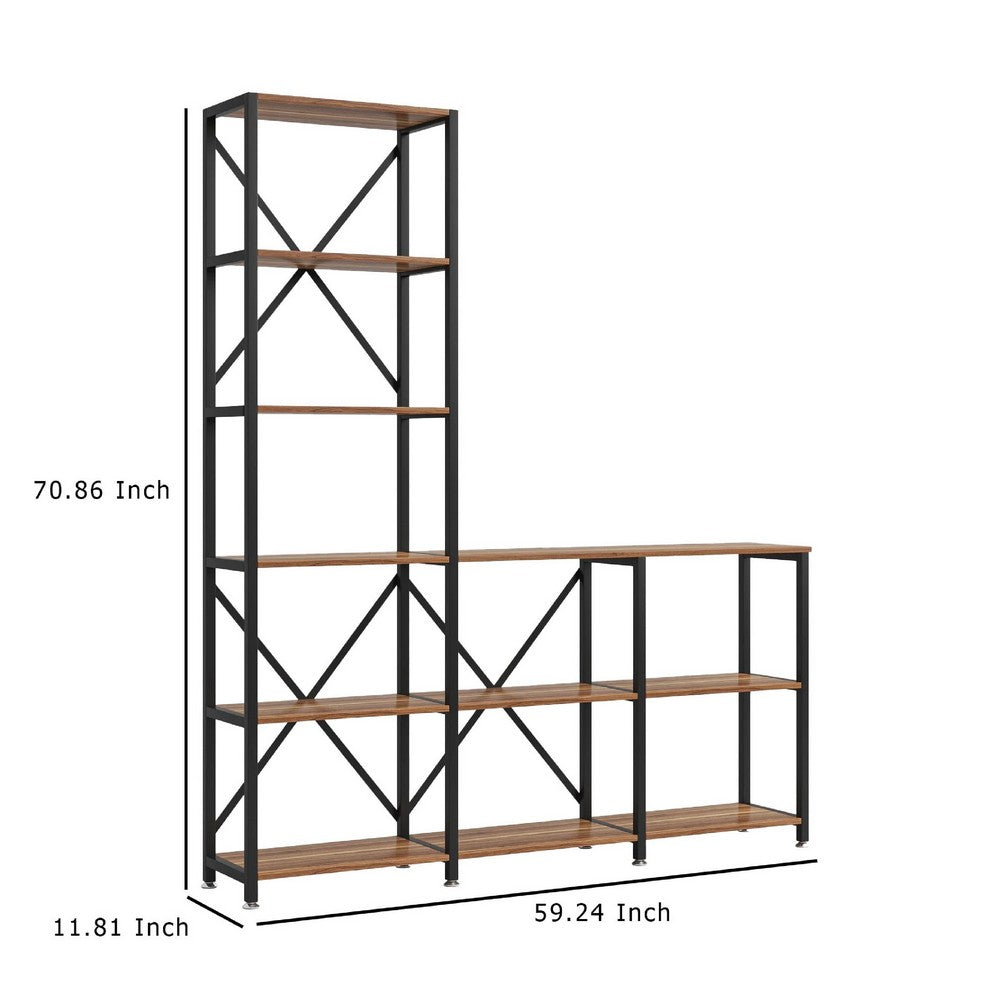 Ladder Corner Bookcase, 9 Shelf, Industrial Black Metal, Brown Wood -BM336927