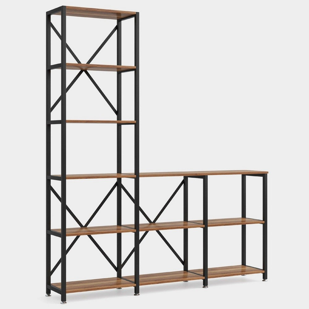 Ladder Corner Bookcase, 9 Shelf, Industrial Black Metal, Brown Wood -BM336927