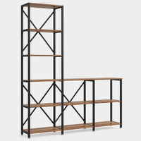 Ladder Corner Bookcase, 9 Shelf, Industrial Black Metal, Brown Wood -BM336927