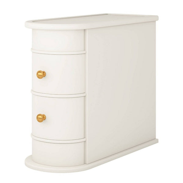 Side Table Nightstand w 2 Drawers, Narrow Curved Design, White, Gold -BM336928