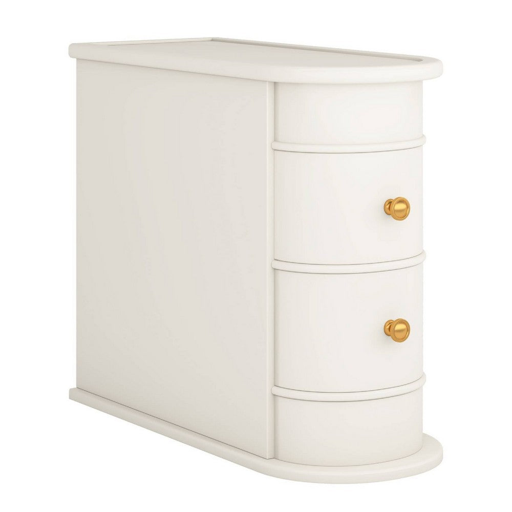 Side Table Nightstand w 2 Drawers, Narrow Curved Design, White, Gold -BM336928