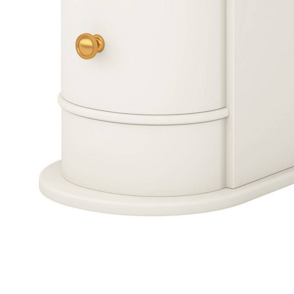 Side Table Nightstand w 2 Drawers, Narrow Curved Design, White, Gold -BM336928