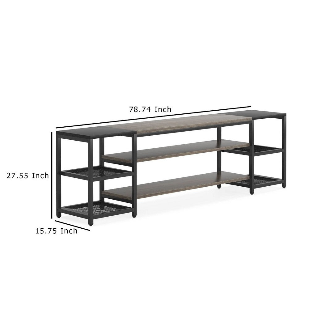 TV Media Entertainment Stand, Mesh Shelves, 79 Inch Rustic Brown Black -BM336929