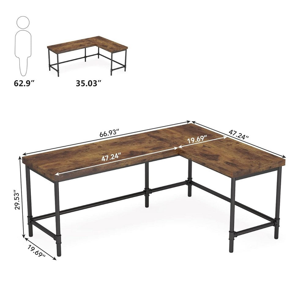 Reversible Corner L Computer Desk, Wood Grain Top, 67 Inch Metal Frame -BM336930