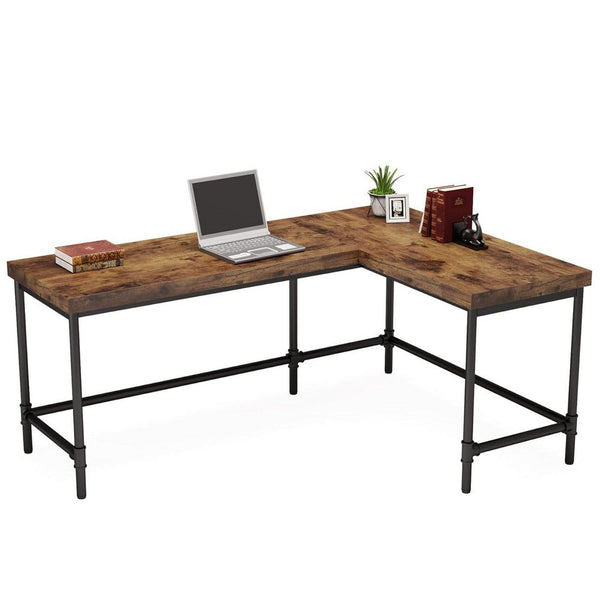 Reversible Corner L Computer Desk, Wood Grain Top, 67 Inch Metal Frame -BM336930