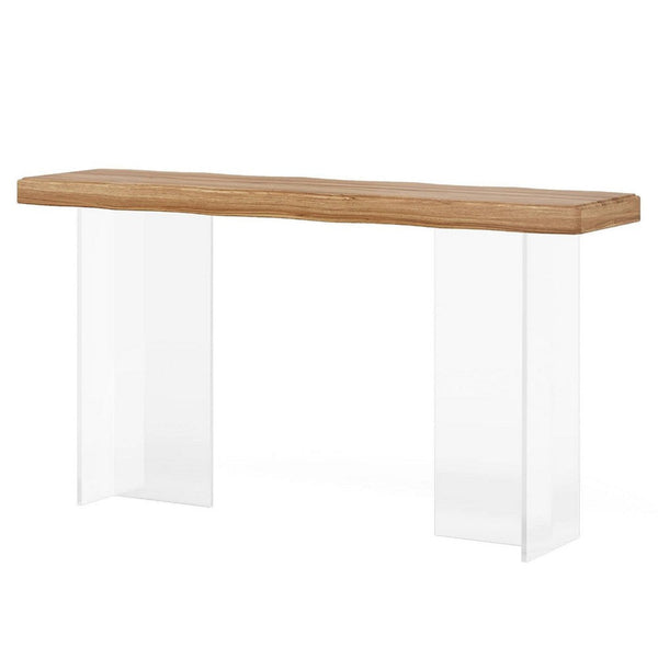 Sofa Console Table, 47 Inch Brown Top w Wave Edges, Clear Acrylic Legs -BM336931