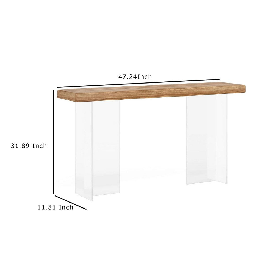 Sofa Console Table, 47 Inch Brown Top w Wave Edges, Clear Acrylic Legs -BM336931
