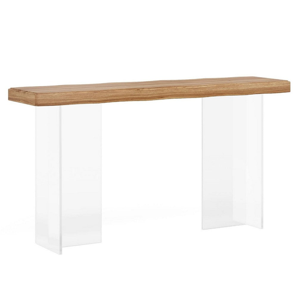 Sofa Console Table, 47 Inch Brown Top w Wave Edges, Clear Acrylic Legs -BM336931