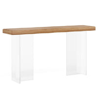 Sofa Console Table, 47 Inch Brown Top w Wave Edges, Clear Acrylic Legs -BM336931
