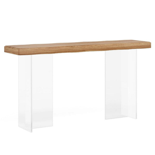Sofa Console Table, 47 Inch Brown Top w Wave Edges, Clear Acrylic Legs -BM336931