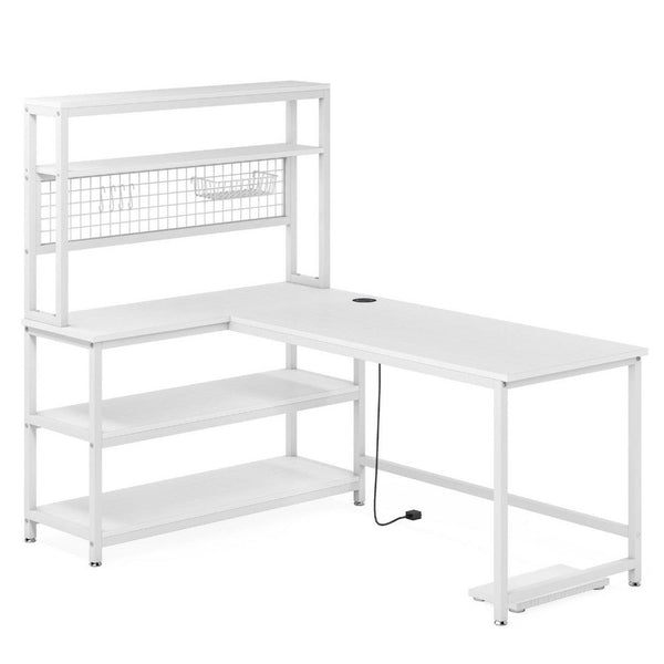 Reversible L Shaped Desk w Charging Pad, Display Shelf, 55 Inch White -BM336935