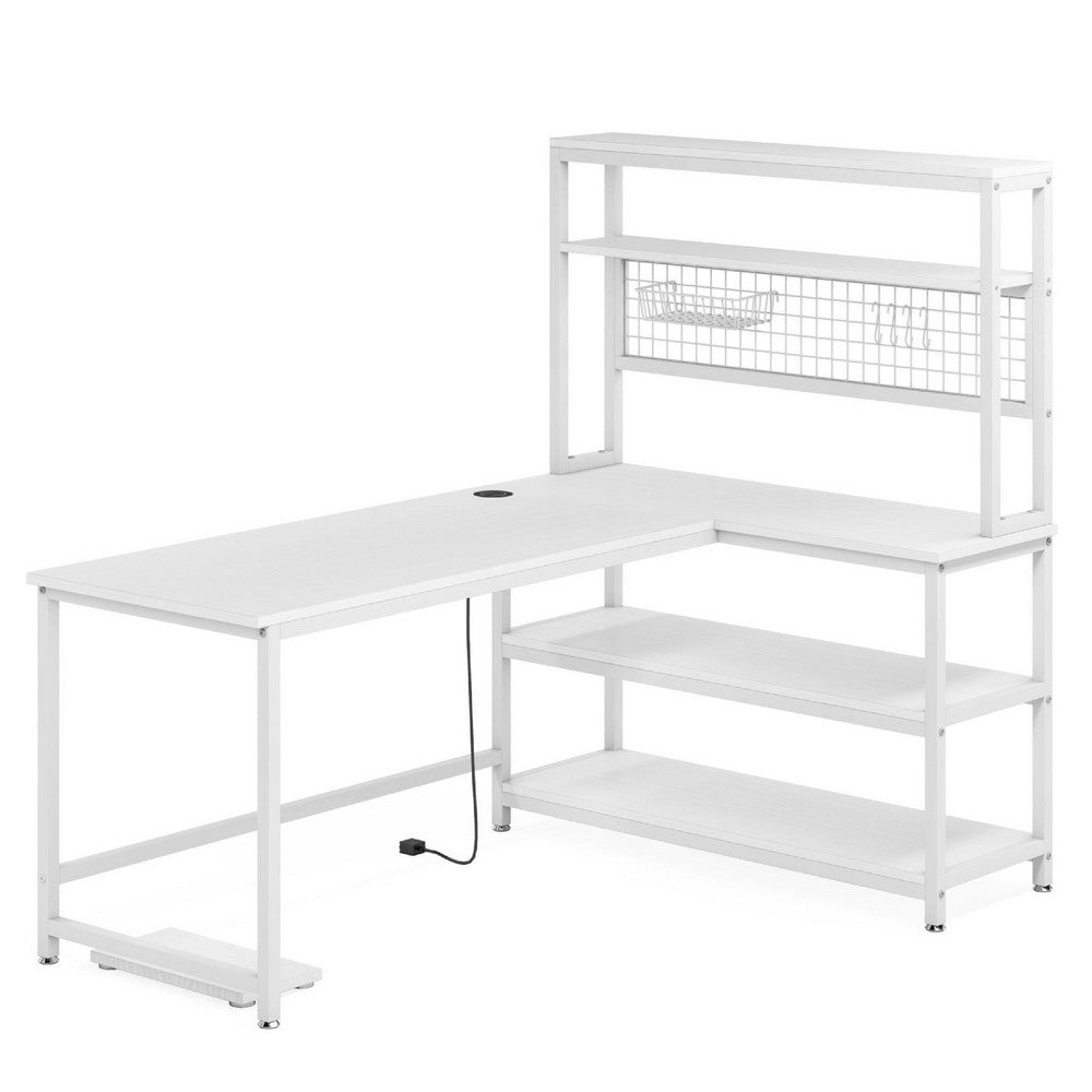 Reversible L Shaped Desk w Charging Pad, Display Shelf, 55 Inch White -BM336935