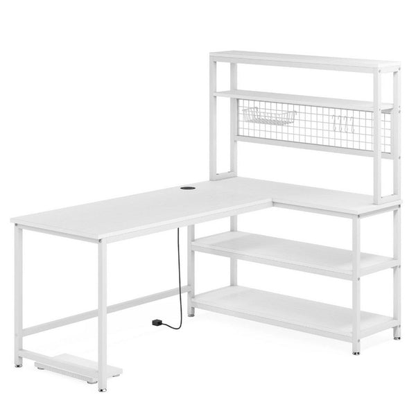 Reversible L Shaped Desk w Charging Pad, Display Shelf, 55 Inch White -BM336935