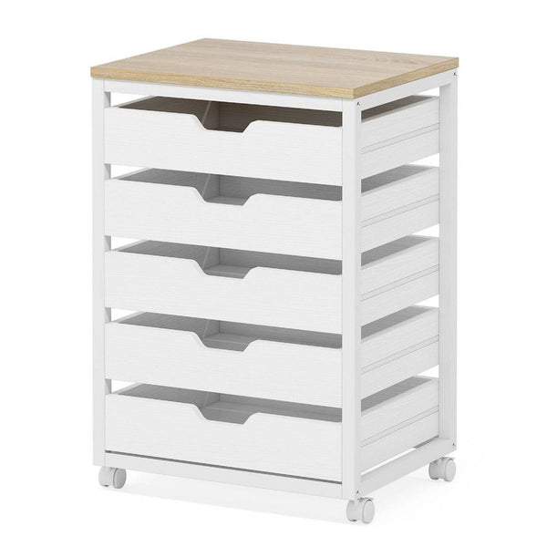 Mobile Office Cabinet, 5 Drawers w Open Handles, Rustic Brown White -BM336936