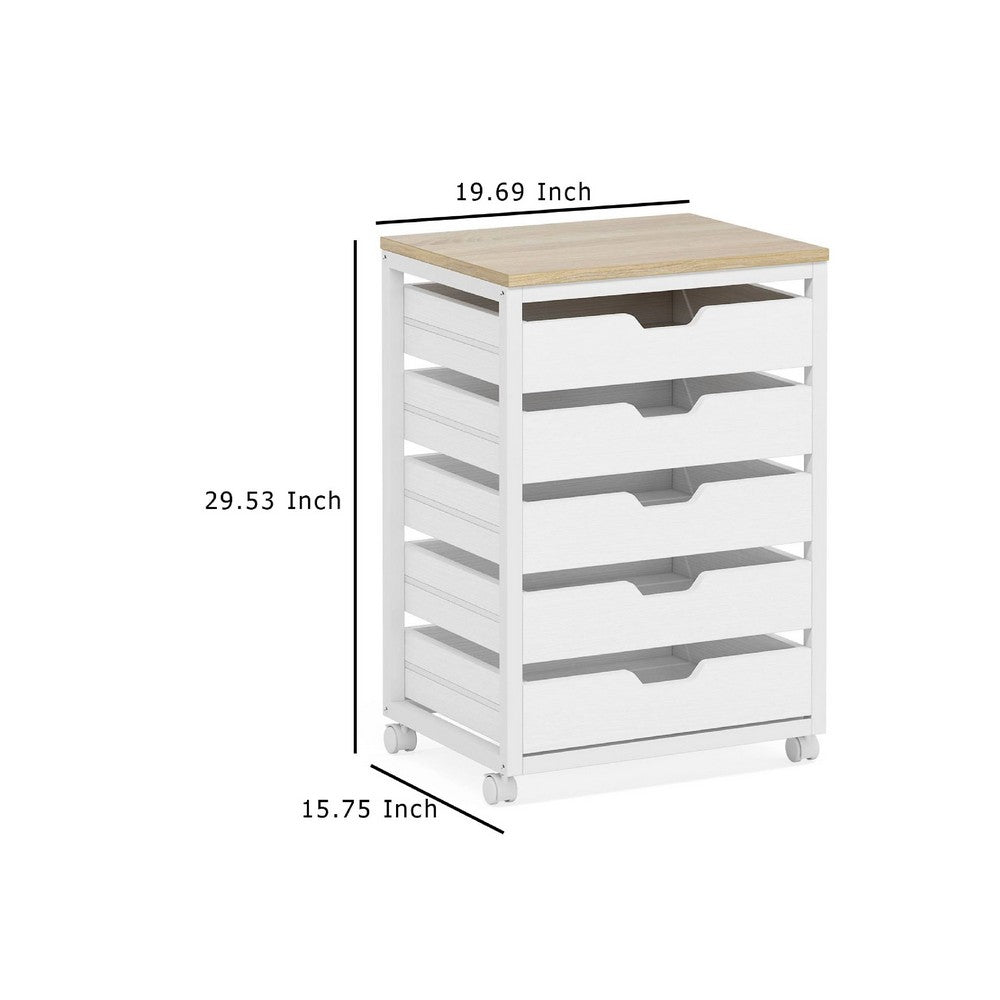 Mobile Office Cabinet, 5 Drawers w Open Handles, Rustic Brown White -BM336936
