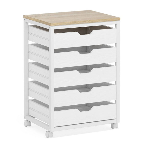 Mobile Office Cabinet, 5 Drawers w Open Handles, Rustic Brown White -BM336936