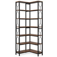 7 Tier Corner Bookcase, 14 Open Wood Shelves, 79 Inch Industrial Black -BM336937