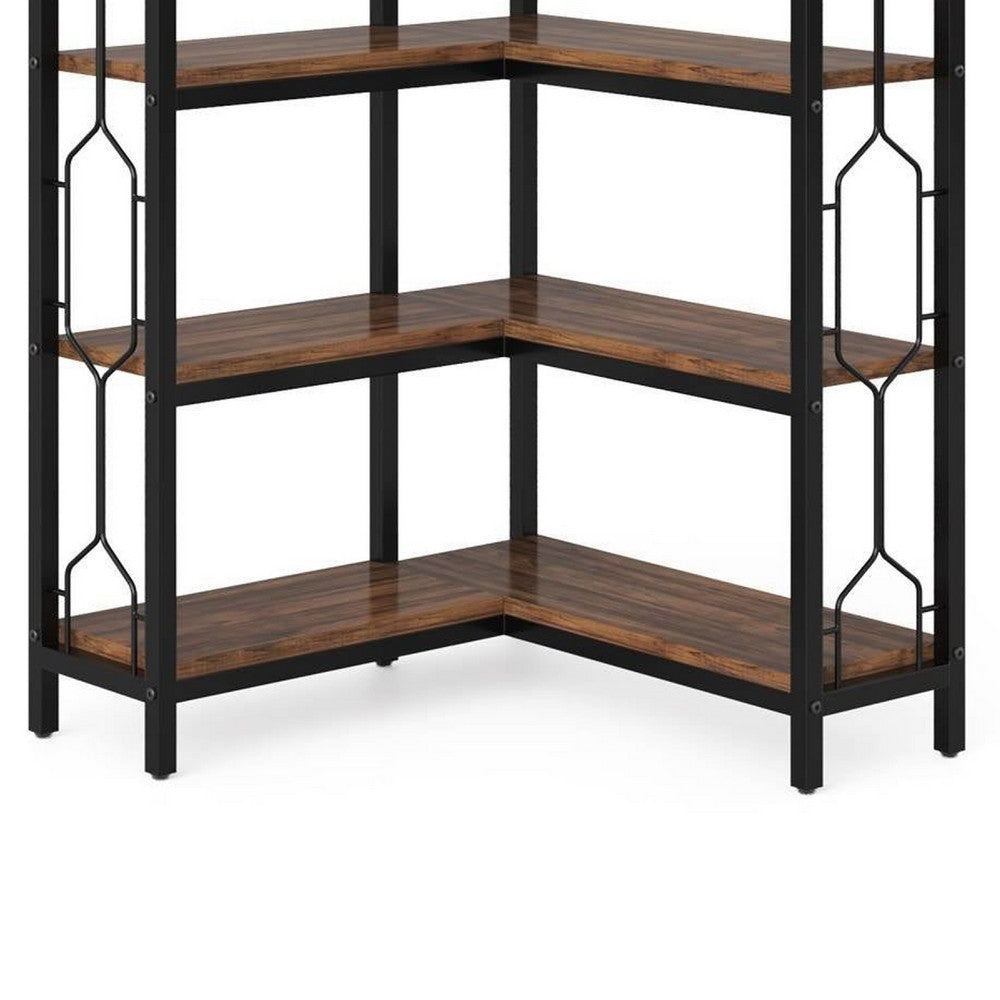 7 Tier Corner Bookcase, 14 Open Wood Shelves, 79 Inch Industrial Black -BM336937