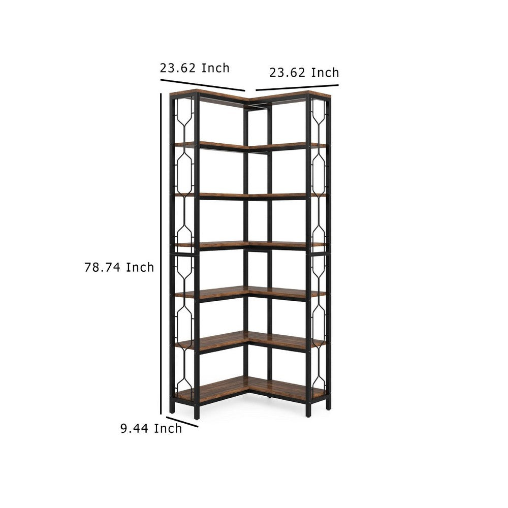 7 Tier Corner Bookcase, 14 Open Wood Shelves, 79 Inch Industrial Black -BM336937