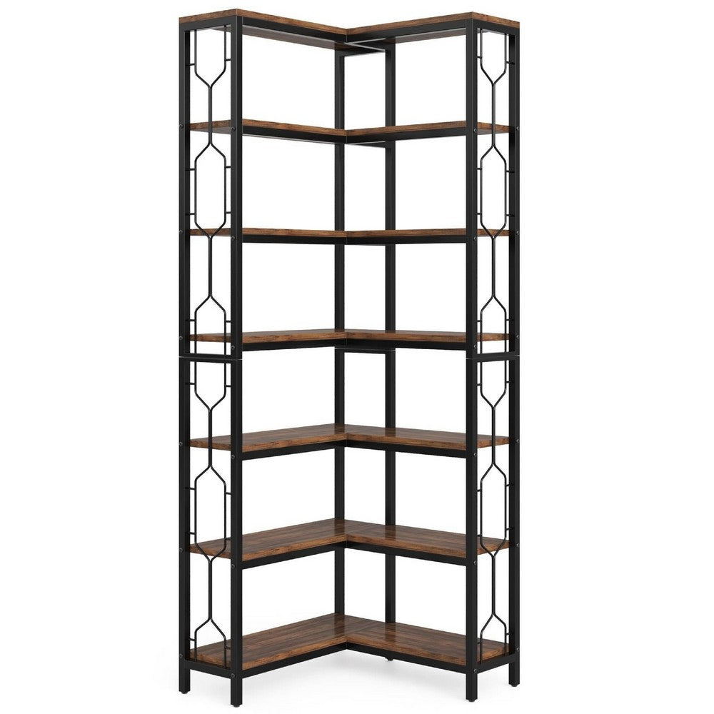 7 Tier Corner Bookcase, 14 Open Wood Shelves, 79 Inch Industrial Black -BM336937