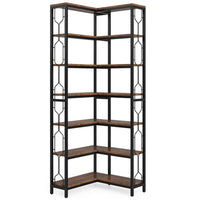 7 Tier Corner Bookcase, 14 Open Wood Shelves, 79 Inch Industrial Black -BM336937