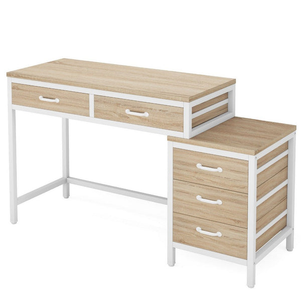 Study Computer Desk, Natural Brown, 5 Drawers, 39 Inch White Metal -BM336939
