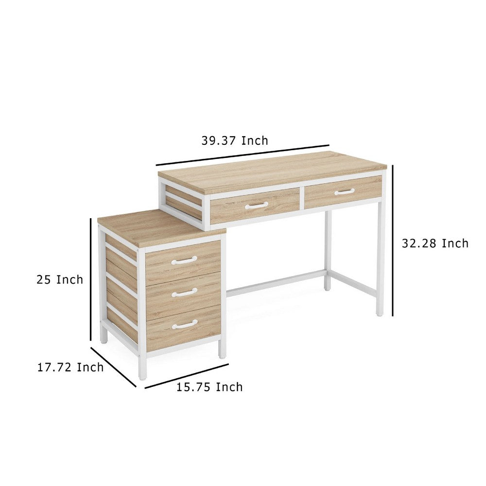 Study Computer Desk, Natural Brown, 5 Drawers, 39 Inch White Metal -BM336939