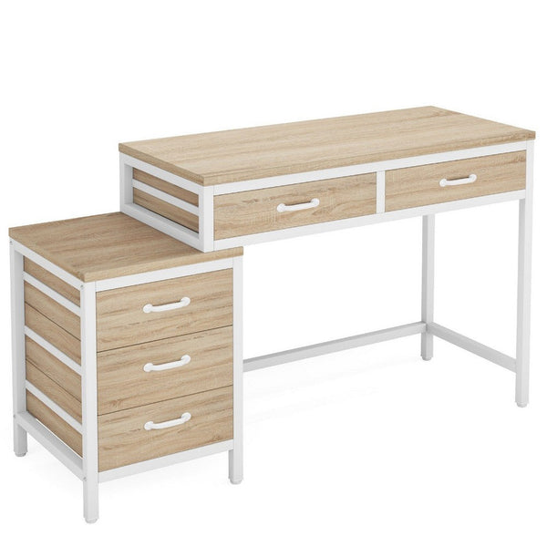 Study Computer Desk, Natural Brown, 5 Drawers, 39 Inch White Metal -BM336939