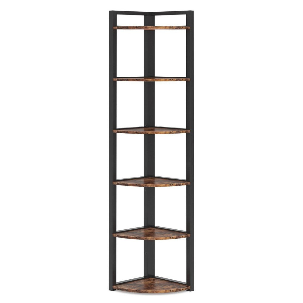Freestanding Corner Bookcase, 6 Tier Brown Wood Shelves w Black Metal -BM336940