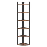 Freestanding Corner Bookcase, 6 Tier Brown Wood Shelves w Black Metal -BM336940