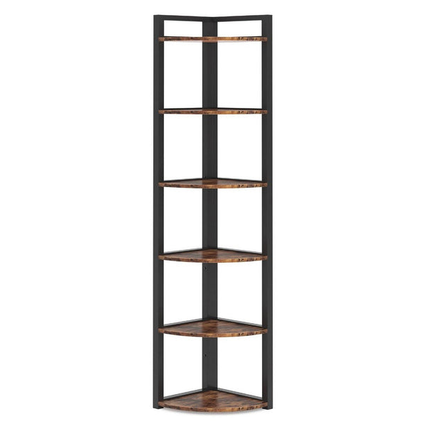 Freestanding Corner Bookcase, 6 Tier Brown Wood Shelves w Black Metal -BM336940