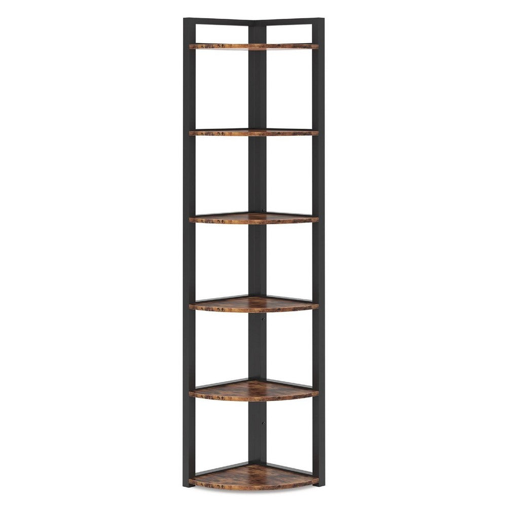 Freestanding Corner Bookcase, 6 Tier Brown Wood Shelves w Black Metal -BM336940