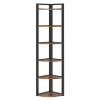 Freestanding Corner Bookcase, 6 Tier Brown Wood Shelves w Black Metal -BM336940