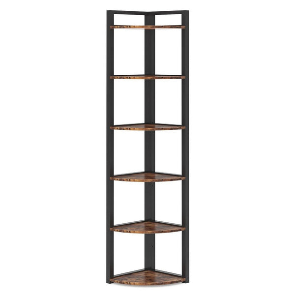 Freestanding Corner Bookcase, 6 Tier Brown Wood Shelves w Black Metal -BM336940