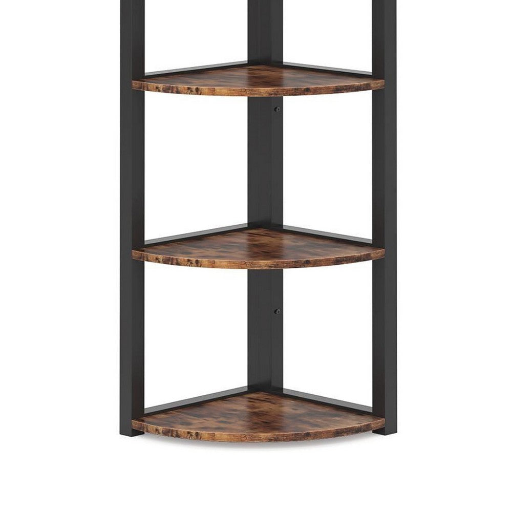 Freestanding Corner Bookcase, 6 Tier Brown Wood Shelves w Black Metal -BM336940
