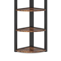 Freestanding Corner Bookcase, 6 Tier Brown Wood Shelves w Black Metal -BM336940