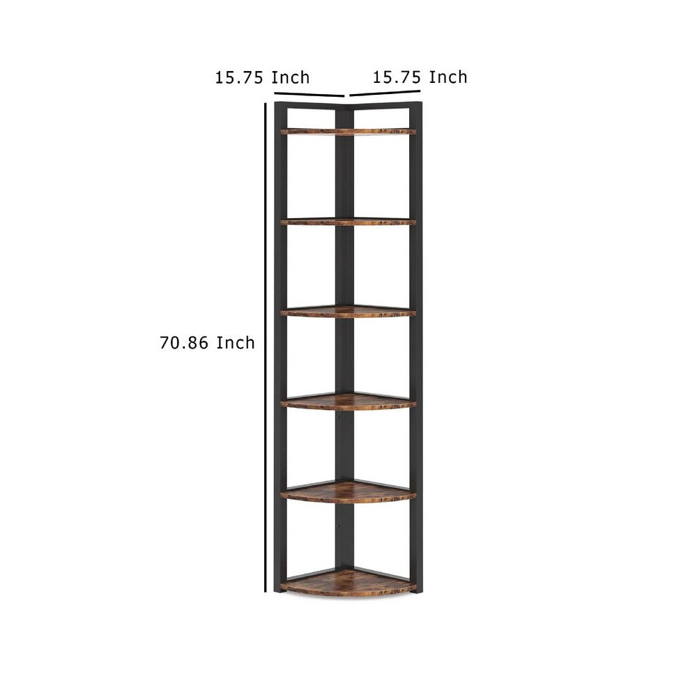 Freestanding Corner Bookcase, 6 Tier Brown Wood Shelves w Black Metal -BM336940