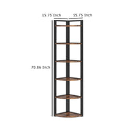 Freestanding Corner Bookcase, 6 Tier Brown Wood Shelves w Black Metal -BM336940