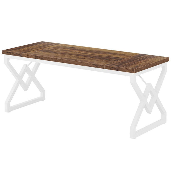 Executive Desk, 63 Inch Rustic Wood Top, X Design White Metal Frame -BM336941