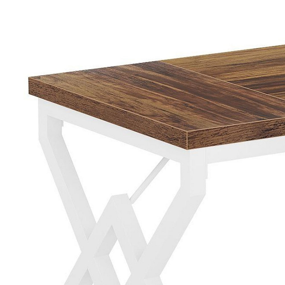 Executive Desk, 63 Inch Rustic Wood Top, X Design White Metal Frame -BM336941