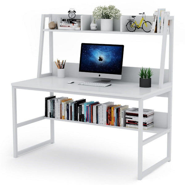 Hivy Computer Desk with Bookshelf Hutch, Metal Legs, White Wood -BM336944