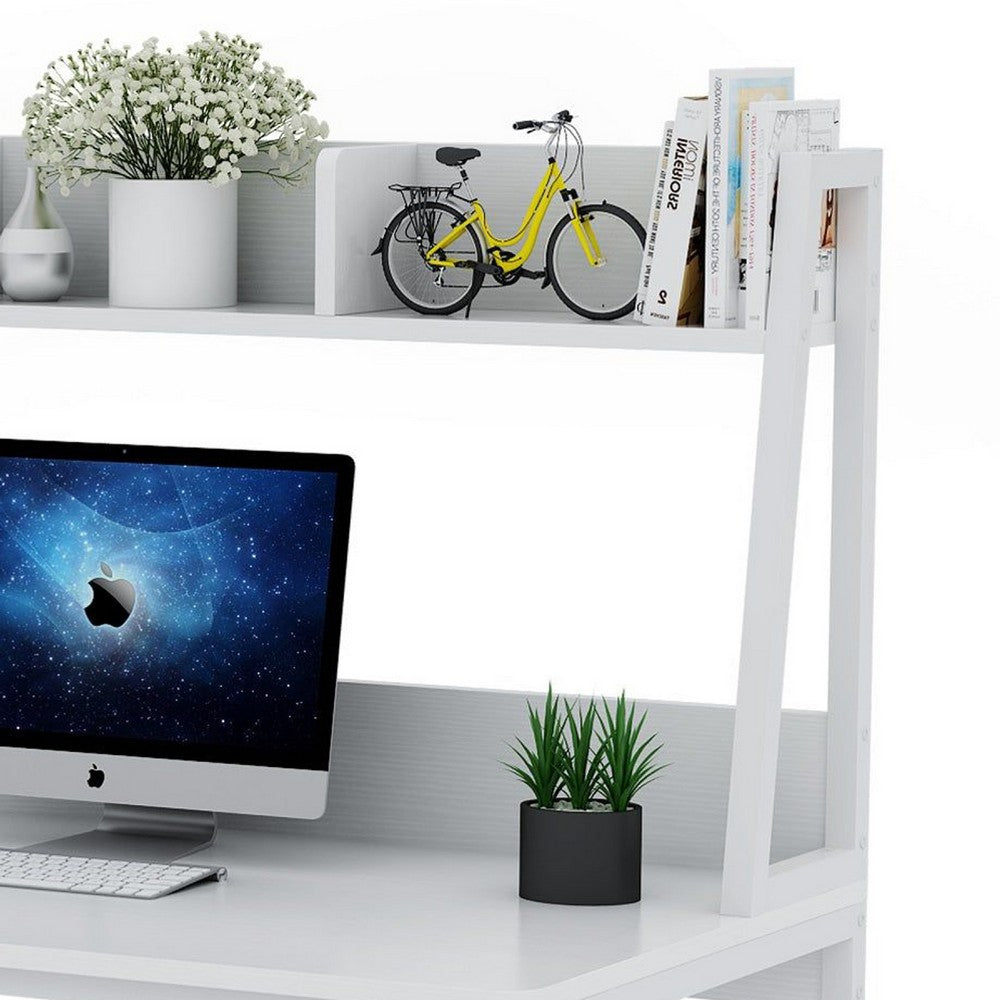 Hivy Computer Desk with Bookshelf Hutch, Metal Legs, White Wood -BM336944