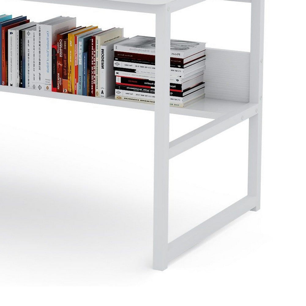 Hivy Computer Desk with Bookshelf Hutch, Metal Legs, White Wood -BM336944