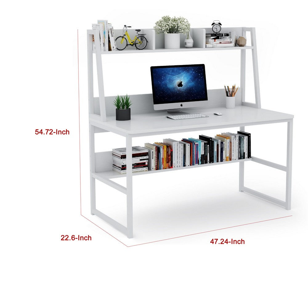 Hivy Computer Desk with Bookshelf Hutch, Metal Legs, White Wood -BM336944