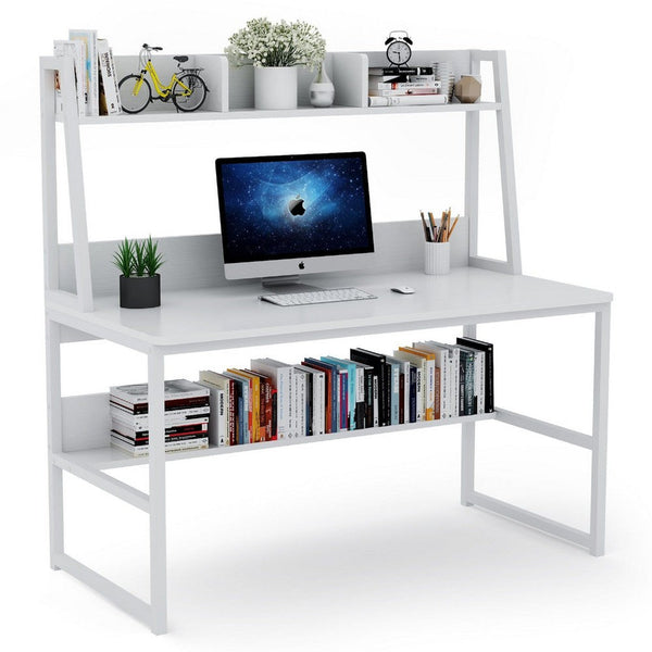 Hivy Computer Desk with Bookshelf Hutch, Metal Legs, White Wood -BM336944