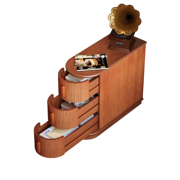 Lixy Side End Table, Narrow 24 Inch 3 Oval Drawers, Solid Brown Wood -BM336946