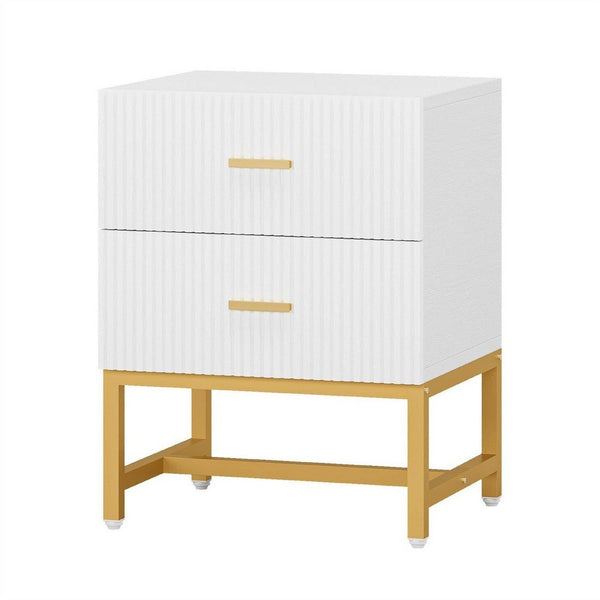 Aez Nightstand, 2 Drawers, White Wood, Gold Metal Legs and Bar Handles -BM336948